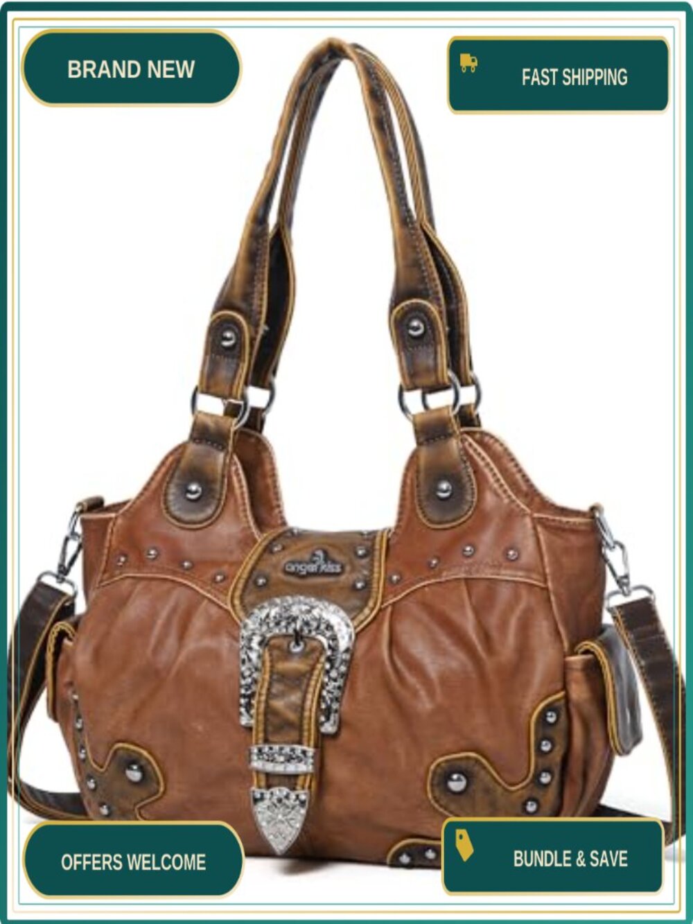 Vegan Leather Hobo Bag Large Crossbody Shoulder Purse Metal Studs